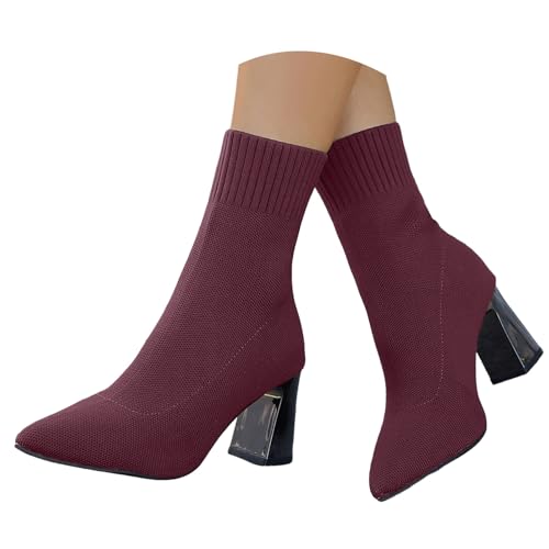 Boots Damen Mid Calf Stiefel Große gestrickte Modestiefel Damenstiefel Hochelastische Spitze Zehenpartie mit dickem Absatz Kurze Stiefel Damenstiefel mit dickem Absatz High Heels Stiefeletten (42) von VBEDKDEB