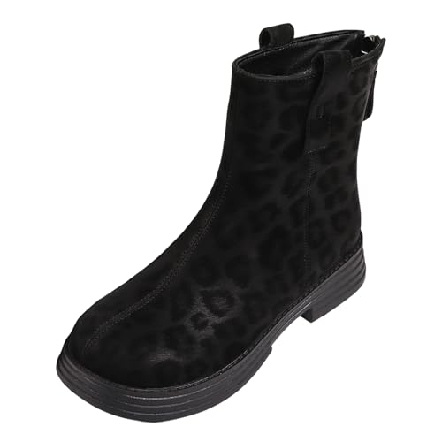 Boots Damen Mid Calf Stiefel Leopardenmuster Britische Große Größe Hinten Reißverschluss Kurze Stiefel Dicker Boden Runder Kopf Retro Für Frauen Motorrad Damen (37) von VBEDKDEB