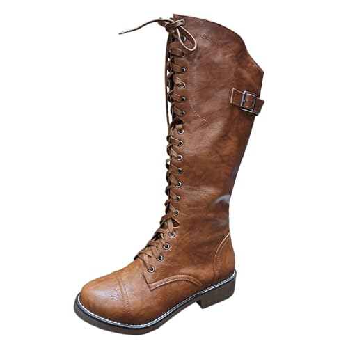 Boots Damen Mid Calf Stiefel Mode Frauen Künstliche Stickerei Blumen Dicke Sohle Platz Heels Lace Up Mid Booties Runde Kappe Schuhe Damen Elevate Boots (Brown, 40) von VBEDKDEB