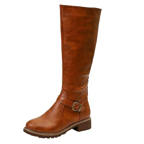 Boots Damen Mid Calf Stiefel Mode Frauen solide Dicke Sohle Square Heels Reißverschluss Mid Booties Runde Zehen Schuhe Festival Stiefel Damen (Yellow, 37) von VBEDKDEB