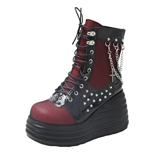 Boots Damen Mid Calf Stiefel Modische Damen Halloweenstiefel mit Dicker Sohle und hohem Schaft, Schnürung, runder Zehenpartie, Keilabsatz und Freizeitschuhen Overknee Stiefel (Red, 43) von VBEDKDEB