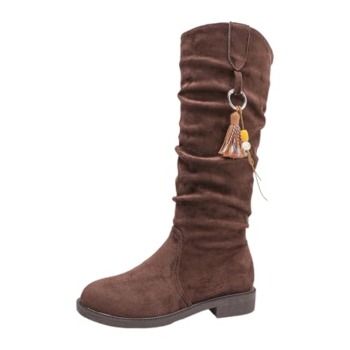 Boots Damen Mid Calf Stiefel Tassel Suede Women's Boots with Small Square Toe Fashionable Solid Color Casual Korean Fashion (Deutsche Übersetzung) Motorrad Schuhe Damen (Brown, 43) von VBEDKDEB