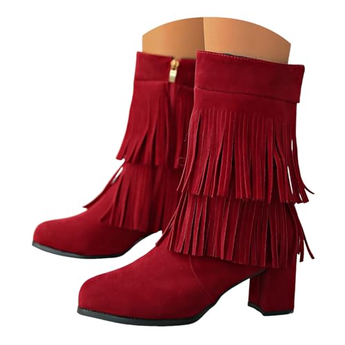 Boots Damen Mid Calf Stiefel Tassel Suede Women's Boots with Small Square Toe Fashionable Solid Color Casual Korean Fashion (Deutsche Übersetzung) Motorrad Schuhe Frauen (Red, 39) von VBEDKDEB