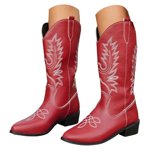 Boots Damen Mid Calf Stiefel Women's Fashionable and Versatile Western Boots Frauen 'Retro Long Pointed Toe British Comfortable Long Leather (Deutsche Übersetzung) 22222 Stiefeletten Damen (Red, 38) von VBEDKDEB