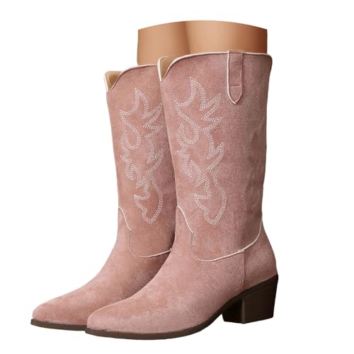 Boots Damen Mid Calf Stiefel Women's Suede Pointed Toe Wide Boots Fashion Casual Retro Low Heel Mid Calf [Bearbeiten Quelltext bearbeiten] Gummistiefeletten Damen (41) von VBEDKDEB