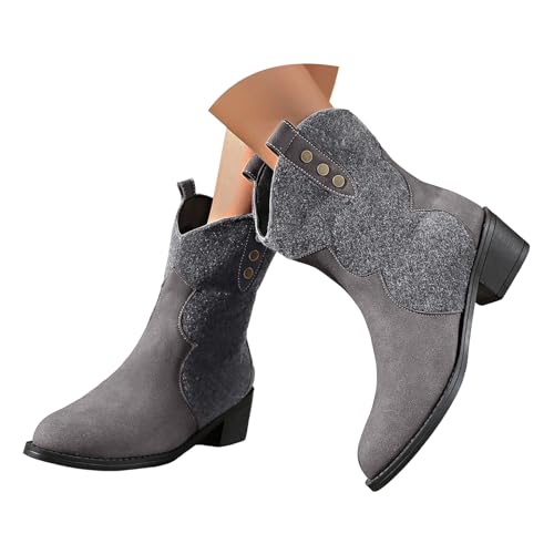 Boots Damen Mid calf Stiefel Bequeme und vielseitige Retro Stiefel in großer Größe mit dickem Absatz und mittlerer Röhre für Damen mit mittlerem Absatz runder Zehenpartie, modische (Grey, 39) von VBEDKDEB