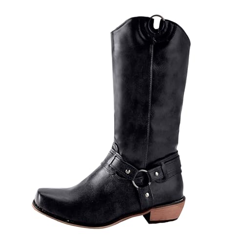 Boots Damen Mid calf Stiefel Damen Cowboystiefel mit quadratischer Zehenpartie, wadenlang, Westernstiefel, modisches Kleid, klobiger niedriger Absatz, Schuhe für Mottopartys, Regenstiefeletten (39) von VBEDKDEB