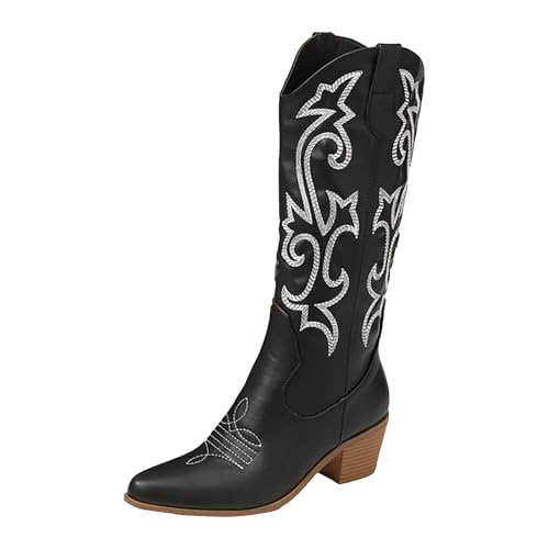 Boots Damen Mid calf Stiefel Damen Cowboystiefel mit quadratischer Zehenpartie, wadenlang, Westernstiefel, modisches Kleid, klobiger niedriger Absatz, Schuhe für Mottopartys, Reiterstiefel (41) von VBEDKDEB