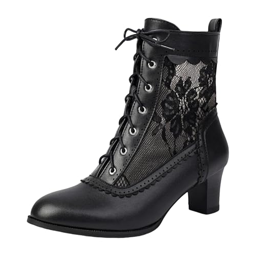 Boots Damen Mid calf Stiefel Damen Stiefeletten mit dickem Absatz, Schnürung und runder Zehenpartie, Spitzen Patchwork Muster, Oberbekleidung, einfarbig, Leder, mittelhohe High Heels Stiefeletten (37) von VBEDKDEB