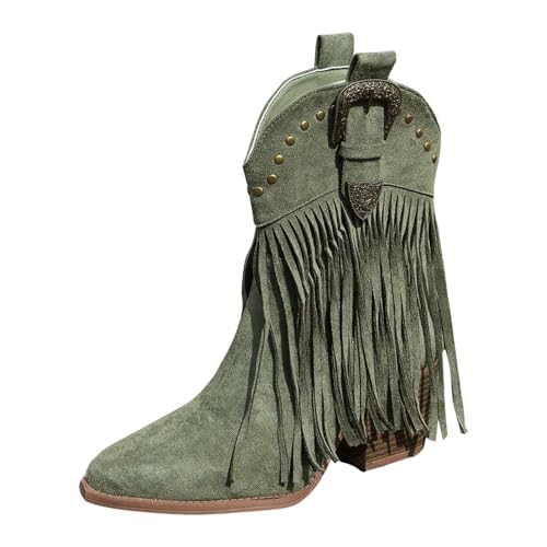 Boots Damen Mid calf Stiefel Damenstiefel, bequem, zum Hineinschlüpfen, klobiger Absatz, spitze Zehenpartie, Fransenstiefel, Westernstiefel, kniehohe Stiefel, mittelhohe Reitstiefel Damen (Green, 40) von VBEDKDEB