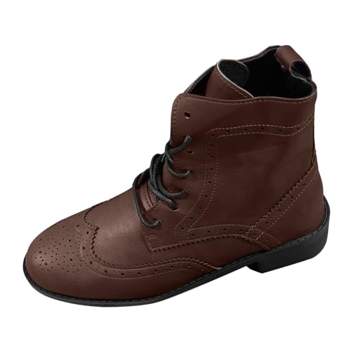 Boots Damen Mid calf Stiefel Damenstiefel aus Leder mit Schnürung und runder Zehenpartie, modische und lässige Stiefel mit dickem Absatz dicker Sohle bis zur Mitte der Wade Gummistiefel (Brown, 42) von VBEDKDEB