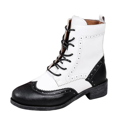 Boots Damen Mid calf Stiefel Damenstiefel aus Leder mit Schnürung und runder Zehenpartie, modische und lässige Stiefel mit dickem Absatz dicker Sohle bis zur Mitte der Wade Gummistiefel (White, 43) von VBEDKDEB