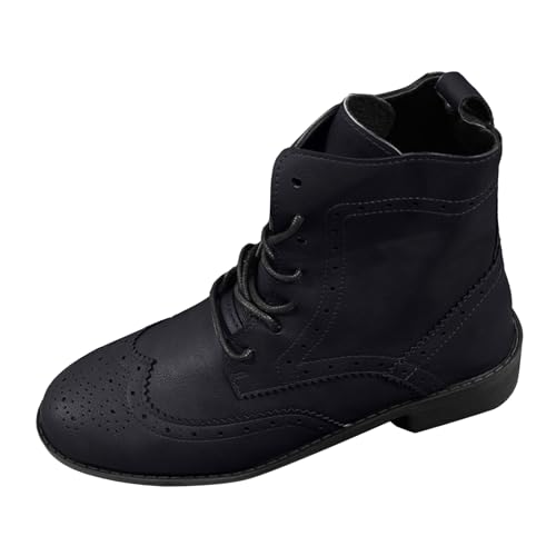 Boots Damen Mid calf Stiefel Damenstiefel aus Leder mit Schnürung und runder Zehenpartie, modische und lässige Stiefel mit dickem Absatz dicker Sohle bis zur Mitte der Wade Gummistiefel Schwarz (38) von VBEDKDEB