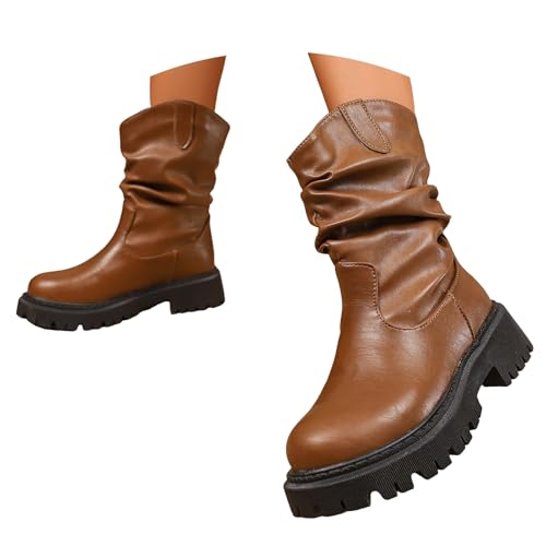 Boots Damen Mid calf Stiefel Damenstiefel aus Wildleder mit dicker Sohle und mittlerer Wade. Modische und lässige Oberbekleidung aus Leder mit runder Spitze Spleißen der Gummistiefel (Brown, 41) von VBEDKDEB
