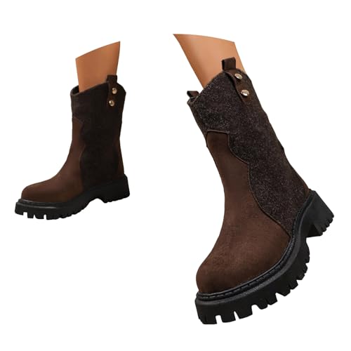Boots Damen Mid calf Stiefel Damenstiefel aus Wildleder mit dicker Sohle und mittlerer Wade. Modische und lässige Oberbekleidung aus Leder mit runder Spitze Spleißen der Gummistiefel (Coffee, 41) von VBEDKDEB
