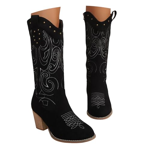 Boots Damen Mid calf Stiefel Damenstiefel mit Blockabsatz, schlankmachender V Ausschnitt, bestickter Westernstiefel, Stulpe, Wildleder, weicher Retro Stiefel mit Blockabsatz, wadenlang Platform (38) von VBEDKDEB