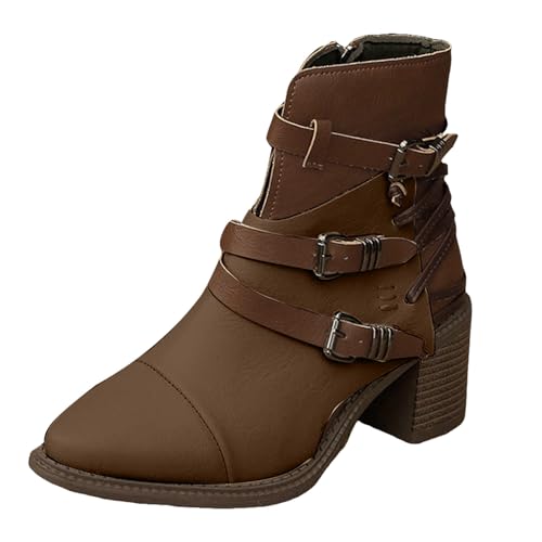 Boots Damen Mid calf Stiefel Damenstiefel mit Blockabsatz und spitzer Zehenpartie und kurzem Schaft, seitlichem Reißverschluss, Lederstiefel mit mittlerer Wadenhöhe Gummistiefel Weitschaft (Brown, 39) von VBEDKDEB