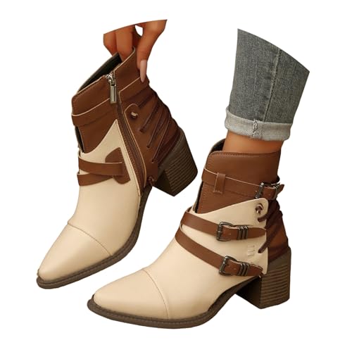 Boots Damen Mid calf Stiefel Damenstiefel mit Blockabsatz und spitzer Zehenpartie und kurzem Schaft, seitlichem Reißverschluss, Lederstiefel mit mittlerer Wadenhöhe Gummistiefel Weitschaft (White, 38) von VBEDKDEB