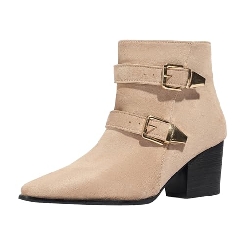 Boots Damen Mid calf Stiefel Damenstiefel mit klobigem Absatz und spitzer Zehenpartie, modische, lässige Wildlederstiefel in großer Größe mit hohem Absatz und seitlichem Halbschuhe Damen (Beige, 39) von VBEDKDEB