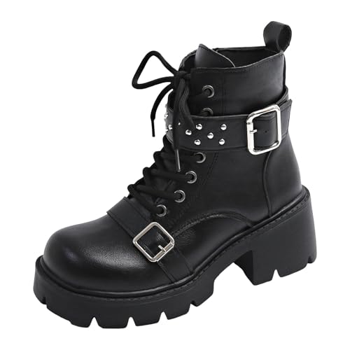 Boots Damen Mid calf Stiefel Damenstiefel mit runder Zehenpartie und klobigem Absatz, modisch, lässig, dicke Sohle, Schnürstiefel, Oberbekleidung, Denim Stiefel mit mittlerer Gummistiefel Kurz (37) von VBEDKDEB