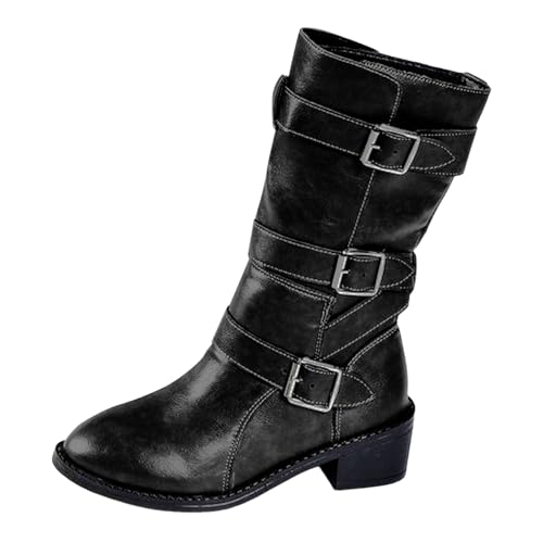 Boots Damen Mid calf Stiefel Damenstiefel mit runder Zehenpartie und mittlerer Wadenhöhe, breite Reitstiefel, modische Retro Reitstiefel mit dickem Absatz und mittlerer Wadenhöhe 22222schuhe (37) von VBEDKDEB