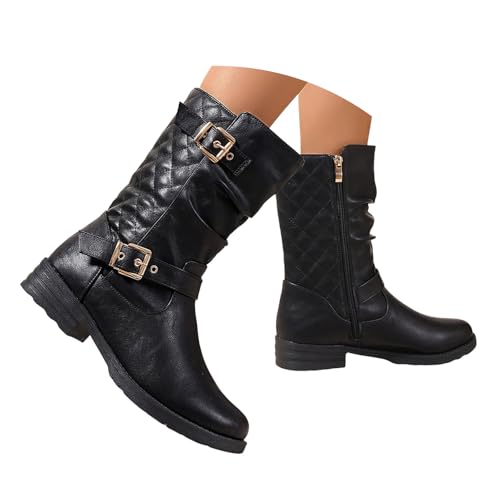 Boots Damen Mid calf Stiefel Damenstiefel mit runder Zehenpartie und seitlichem Reißverschluss, modische Oberbekleidung aus Leder mit dickem Absatz und mittlerer Wadenhöhe Halbe Gummistiefel (40) von VBEDKDEB