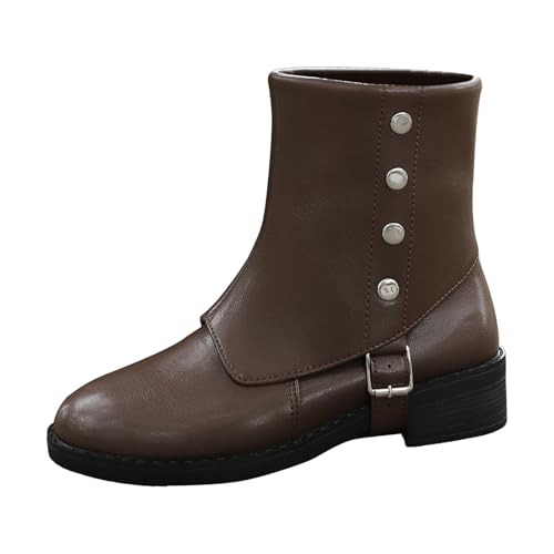 Boots Damen Mid calf Stiefel Damenstiefel mit spitzer Zehenpartie, modischem Blockabsatz, Gürtel, seitlichem Reißverschluss, bequemen Nieten und mittelhoher Wadenhöhe Plateau Boots Damen (Brown, 39) von VBEDKDEB