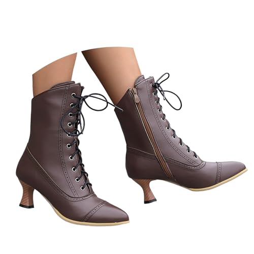 Boots Damen Mid calf Stiefel Damenstiefel mit spitzer Zehenpartie und Weinglasabsatz, modische Schnürstiefel aus britischem Leder in Volltonfarbe bis zur Wadenmitte Halbschuhe Damen (Coffee, 42) von VBEDKDEB