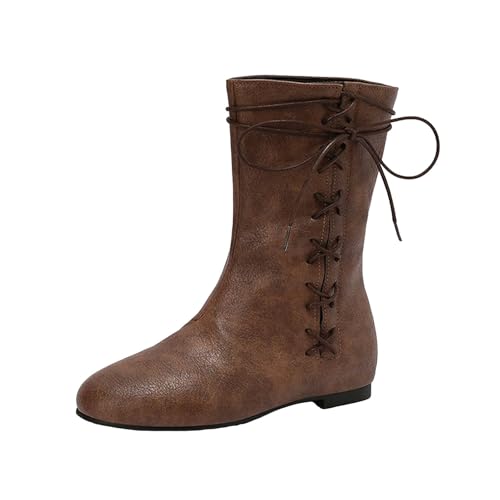 Boots Damen Mid calf Stiefel Flache Stiefel zum Schnüren für Damen, bequeme, einfarbige Lederstiefel mit flachem Absatz, kurze Stiefeletten mit runder Zehenpartie und weicher Sohle, (Brown, 41) von VBEDKDEB