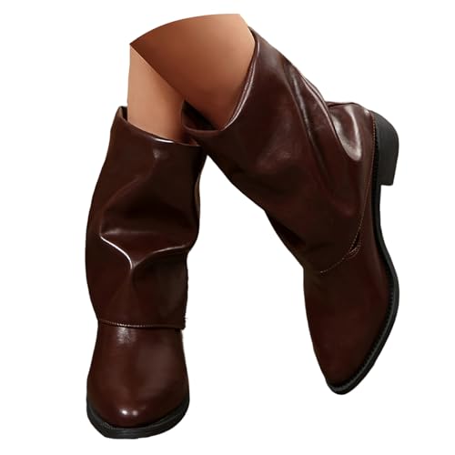 Boots Damen Mid calf Stiefel Kurze Stiefel mit quadratischer Zehenpartie und klobigem Absatz, modische Retro Hosenstiefel mit klobigem Absatz, Maillard Kurzstiefel spitzer Knöchelschuhe (Brown, 40) von VBEDKDEB