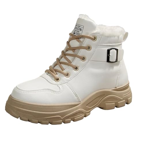 Boots Damen Mid calf Stiefel Modische, mittelhohe Stiefel aus Samt für Damen, warm, mit dicker Sohle, zum Schnüren, runde Zehenpartie, lässige mit halbhoher Gummistiefel Gefüttert (White, 43) von VBEDKDEB