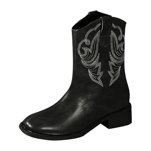 Boots Damen Mid calf Stiefel Modische Damenstiefel mit Stickerei, wadenlang, spitzer Zehenbereich, klobiger Absatz, V Ausschnitt, Reißverschluss hinten, schmale Stiefel, wadenlange Braun Damen (37) von VBEDKDEB