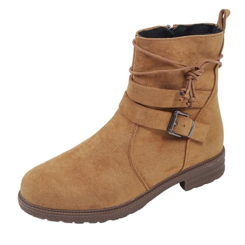 Boots Damen Mid calf Stiefel Modische Damenstiefel mit runder Zehenpartie, dicker Sohle, Gürtel, Reißverschluss, klassischer Wildlederstiefel mit mittlerer Wade Gummistiefel Damen Leicht (Brown, 37) von VBEDKDEB