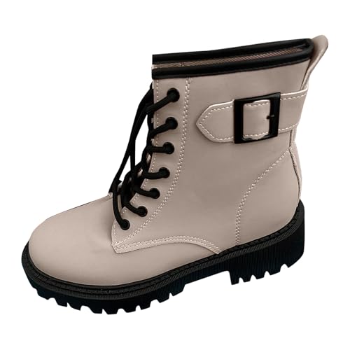 Boots Damen Mid calf Stiefel Runde Zehenpartie, dicke Sohle, modische und lässige, einfarbige britische Outdoor Stiefel für Damen mit Schnürung und mittlerer Wade Halbhohe Gummistiefel (Grey, 37) von VBEDKDEB