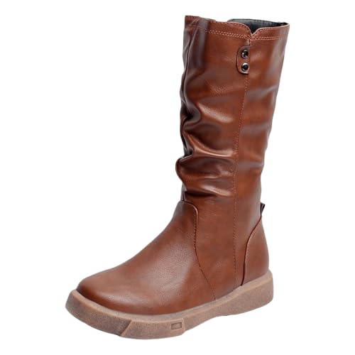 Boots Damen Mid calf Stiefel Westernstiefel Damenstiefel in Übergröße, runde Zehenpartie, einfarbig, quadratischer Absatz, Retro Stiefel mit mittlerer Wade, Damenschuhe Motorrad Schuhe (Brown, 42) von VBEDKDEB