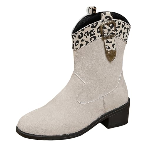 Boots Damen Mid calf Stiefel Women's Chunky Heel Mid Calf Color Blocked Riding Boots With Pointed Toe Closure Leopard Print Thin Simple (Deutsche Übersetzung) Plateau Stiefel Damen (Beige, 41) von VBEDKDEB