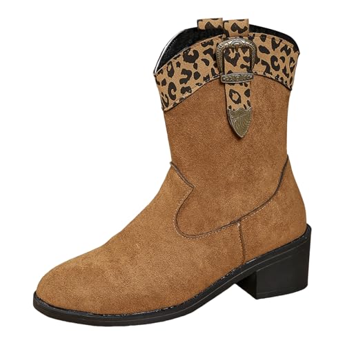 Boots Damen Mid calf Stiefel Women's Chunky Heel Mid Calf Color Blocked Riding Boots With Pointed Toe Closure Leopard Print Thin Simple (Deutsche Übersetzung) Plateau Stiefel Damen (Brown, 36) von VBEDKDEB