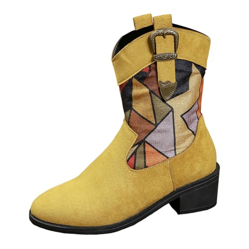 Boots Damen Mid calf Stiefel Women's Chunky Heel Mid Calf Color Blocked Riding Boots With Pointed Toe Closure Leopard Print Thin Simple (Deutsche Übersetzung) Plateau Stiefel Damen (Yellow, 42) von VBEDKDEB