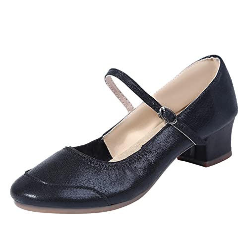 Gesundheitsschuhe Damen Ballettschuhe rutschfest Dicker Absatz runder Zeh atmungsaktive Tanzschuhe Schwarze Ballerina Damen Loafer Damen (Black, 39) von VBEDKDEB