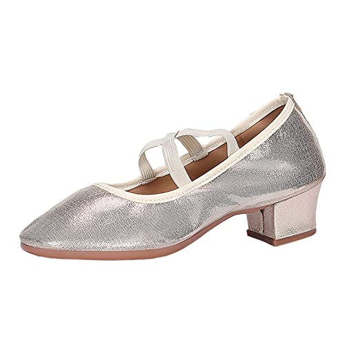 Gesundheitsschuhe Damen Ballettschuhe rutschfest Dicker Absatz runder Zeh atmungsaktive Tanzschuhe Schwarze Ballerina Damen Loafer Damen (Gold #2, 42) von VBEDKDEB