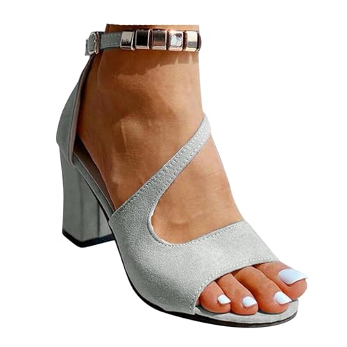 High Heels Sandalen Damen Schicke Bequem Blockabsatz Sandaletten Frauen Peeptoe Rutschfeste Chunky Absatz Abendsandalen 2025 Sommer Verstellbaren Riemchen Reise Urlaub Wanderschuhe (Grey, 41) von VBEDKDEB