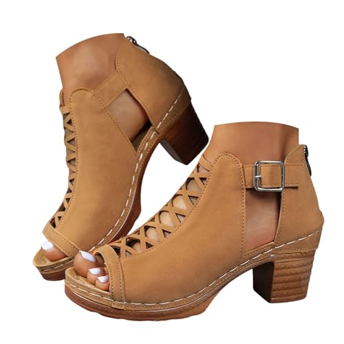 High Heels Schuhe Damen Blockabsatz Sandalen Frauen Spangen Reißverschluss Hinten Peeptoe Rutschfeste Sandaletten 2025 Sommer Lässige Strand Reise Urlaub Chunky Absatz Wandersandalen (Brown, 41) von VBEDKDEB