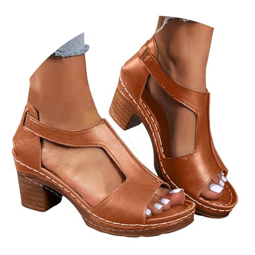 Keilabsatz Schuhe Damen Bequem Blockabsatz Plateau Sandalen 2025 Sommer Lässige High Heels Sandaletten Strand Reise Urlaub Elegant Peeptoe Chunky Absatz Rutschfeste Arbeitssandalen (Brown, 40) von VBEDKDEB