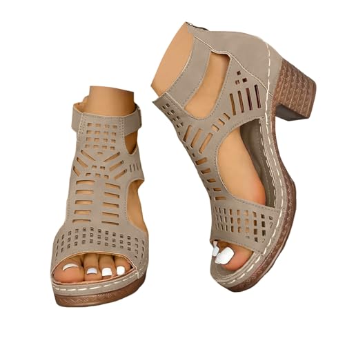 Keilabsatz Schuhe Damen Bequem Blockabsatz Sandalen 2025 Sommer Lässige Atmungsaktive Chunky Absatz Sandaletten Reißverschluss Hinten Reise Urlaub Peeptoe Rutschfeste Wanderschuhe (Beige, 39) von VBEDKDEB
