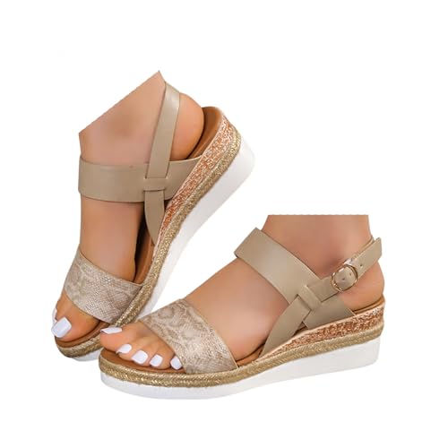 Keilabsatz Schuhe Damen Bequem Leder Plateau Espadrilles Sandalen Frauen OffenVerstellbaren Slingback Rutschfeste Sandaletten 2025 Sommer Lässige Strand Reise Urlaub Wandersandalen (Khaki, 41) von VBEDKDEB