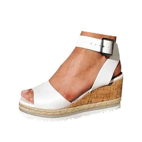 Keilabsatz Schuhe Damen Bequem Plateau Espadrilles Sandalen Frauen Peeptoe Verstellbaren Riemchen Rutschfeste Sandaletten 2025 Sommer Retro Lässige Strand Reise Urlaub Wanderschuhe (White, 38) von VBEDKDEB