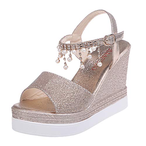 Keilabsatz Schuhe Damen Bequem Plateau Sandalen 2025 Sommer Elegant Glitzer Strass Perle Sandaletten Verstellbaren Riemchen Brautsandalen Reise Urlaub Peeptoe Rutschfeste Abendschuhe (Gold, 38.5) von VBEDKDEB