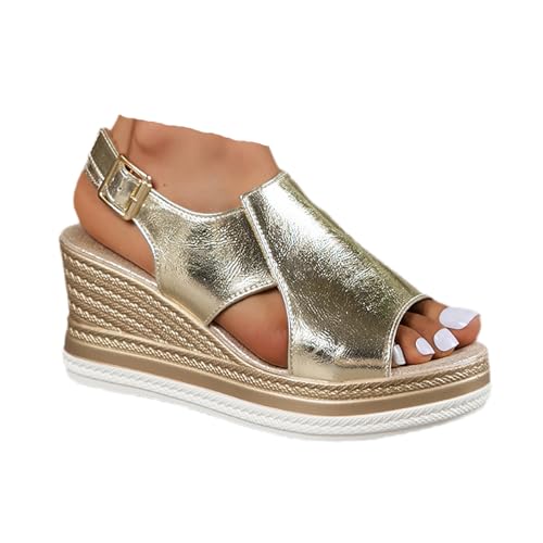 Keilabsatz Schuhe Damen Elegant Glitzer Leder Bequem Plateau Sandalen Frauen Peeptoe Verstellbaren Slingback Rutschfeste Sandaletten 2025 Sommer Lässige Strand Reise Urlaub Wanderschuhe (Gold, 40) von VBEDKDEB