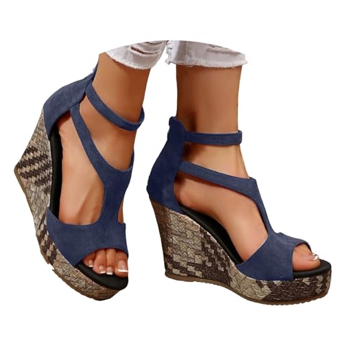 Keilabsatz Schuhe Damen Elegant Wildleder Bequem Plateau Sandalen 2025 Sommer Lässige Reißverschluss Hinten Sandaletten Strand Reise Urlaub Peeptoe Riemen Rutschfeste Arbeitssandalen (Blue, 42) von VBEDKDEB