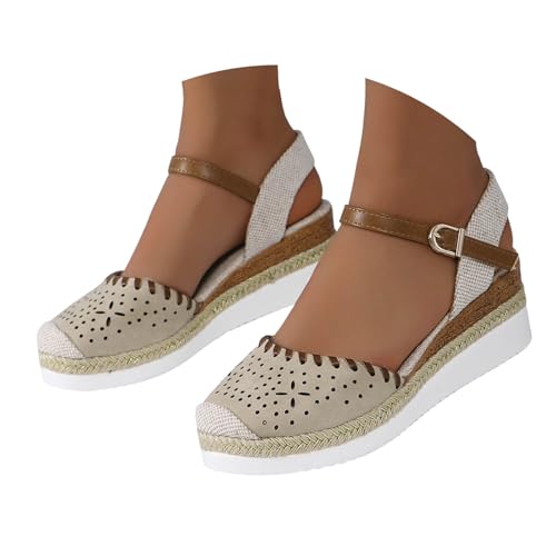Keilabsatz Schuhe Damen Retro Atmungsaktive Espadrilles Sandalen 2025 Sommer Lässige Sandaletten Reise Urlaub Geschlossener Zehen Rutschfeste Leinenschuhe mit Verstellbaren Riemchen (Beige, 37.5) von VBEDKDEB